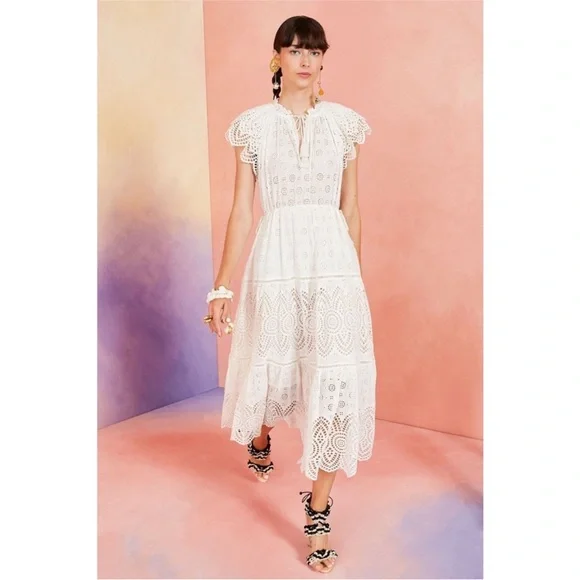 Ulla Johnson Gianna White Eyelet Midi Dress Size 0 XS Tiered Tasseled Boho Bride - Picture 16 of 16